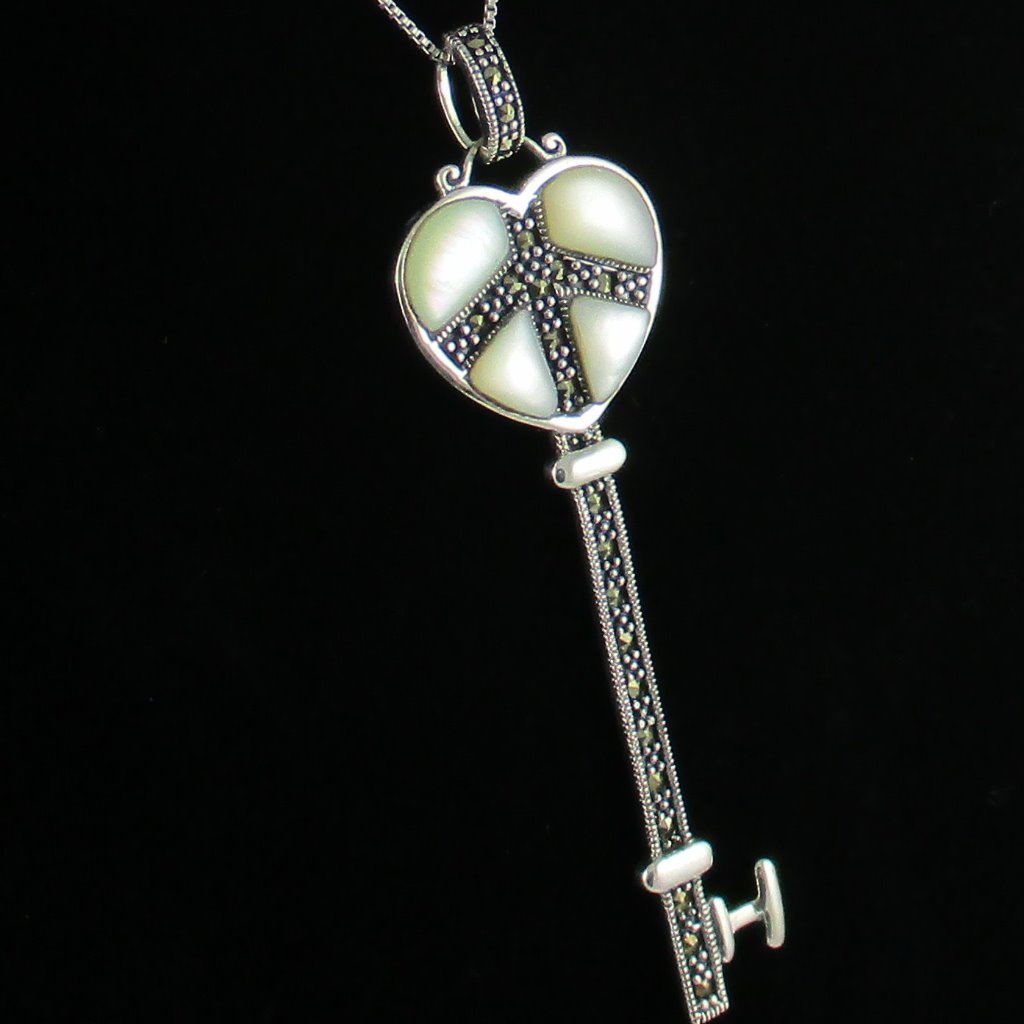 Marcasite Mother-Of-Pearl Key PendantChain 50$
